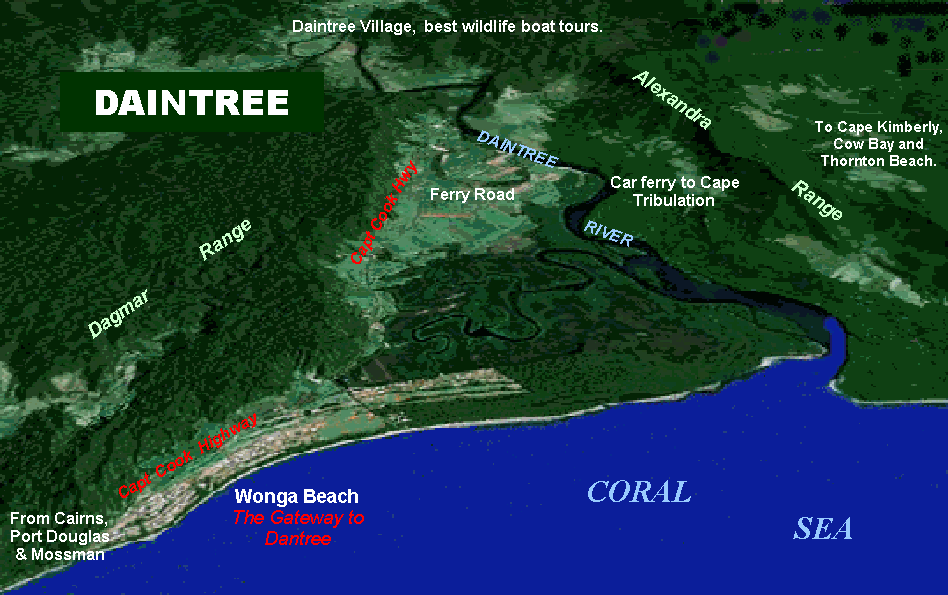Daintree Valley showing the village, river and Wonga Beach.