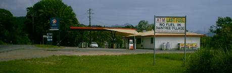 Caltex Wonga Beach signs informing of no fuel in Daintree Village.